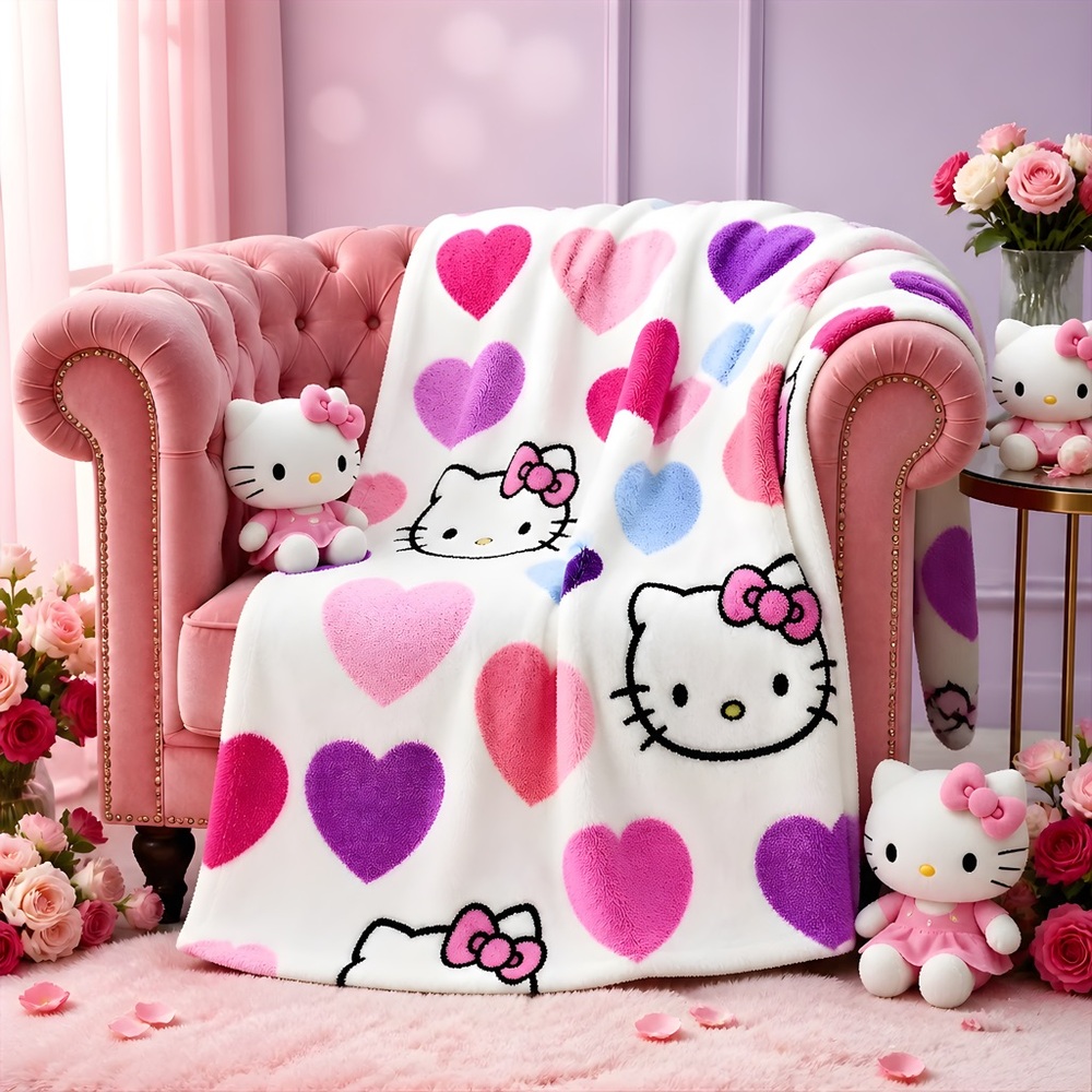 Hello Kitty Candy White Purple Pink Hearts Plush Faux Throw Blanket 50”x 70”
